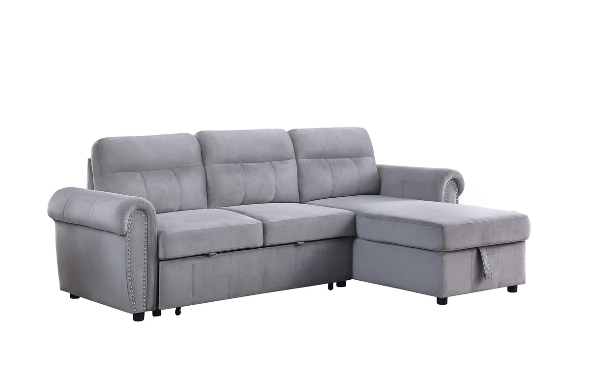 Lilola Home Ashton Gray Velvet Fabric Reversible Sleeper Sectional Sofa Chaise