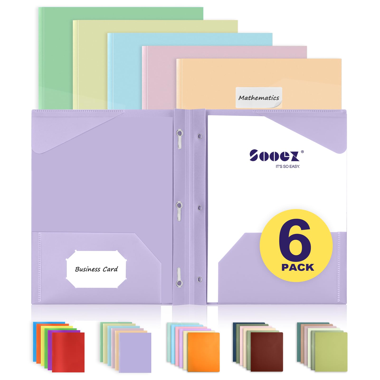 Sooez Folders With Pockets And Prong, 6 Pack, Pastel Colors, File Folders With Prongs, 2 Pocket Folders Bulk, Plastic Folder, Sc