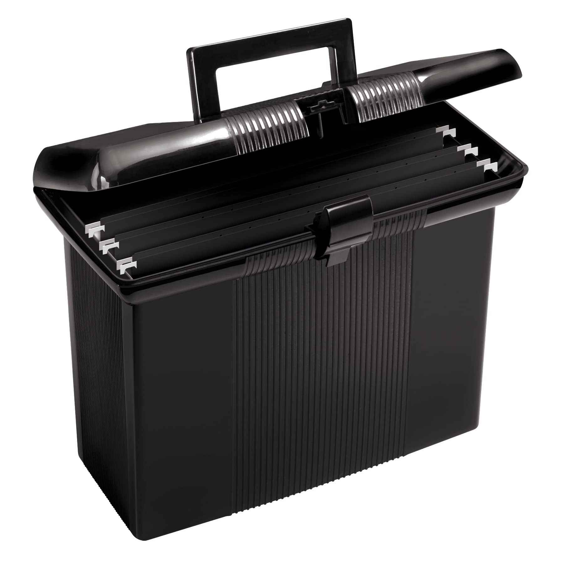 Pendaflex Portable File Box With File Rails, Hinged Lid With Double Latch Closure, Black, 3 Black Letter Size Hanging Folders In