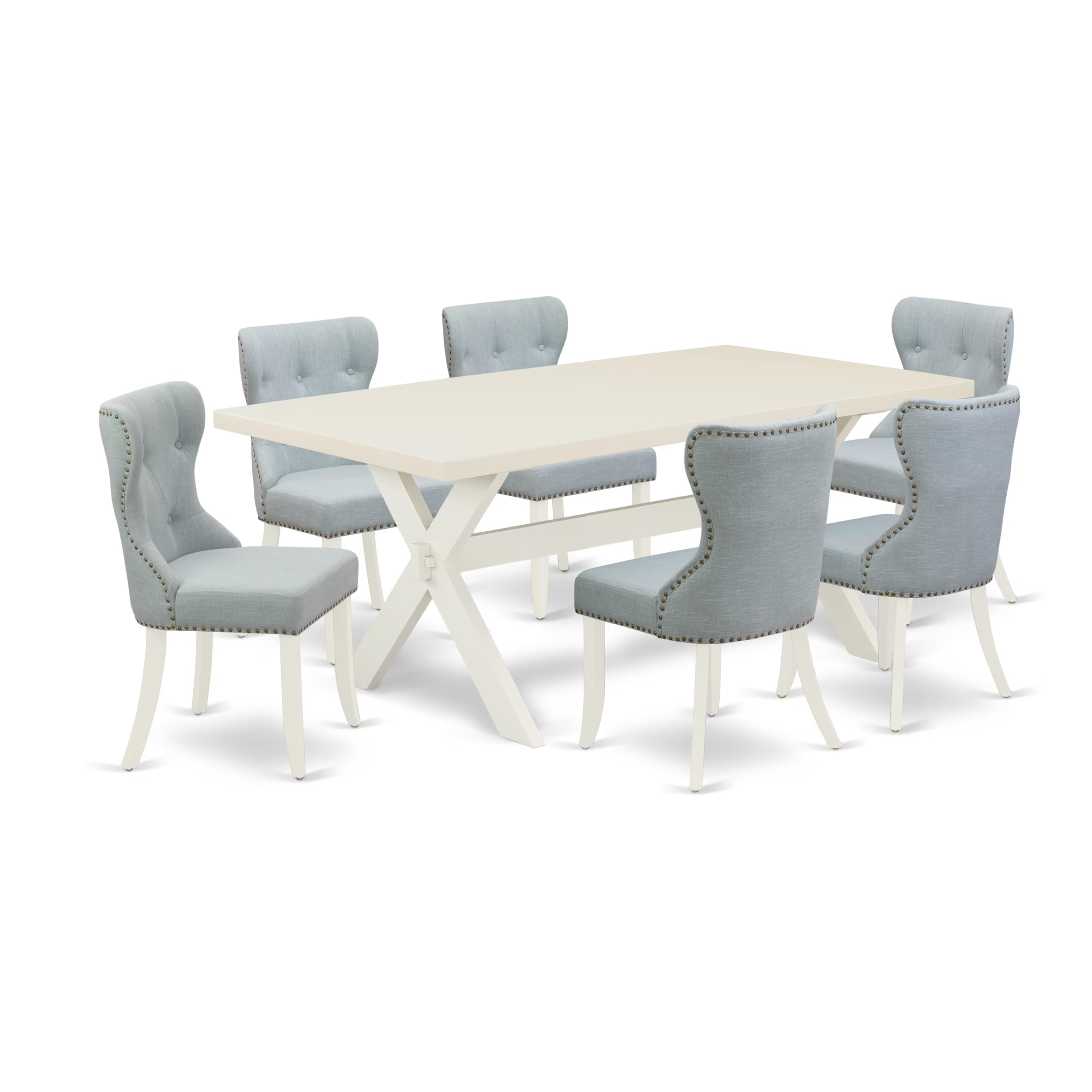 East West Furniture X027Si215-7 7 Piece Dining Table Set Consist Of A Rectangle Kitchen Table With X-Legs And 6 Baby Blue Linen Fabric Parson Dining Room Chairs, 40X72 Inch, Multi-Color