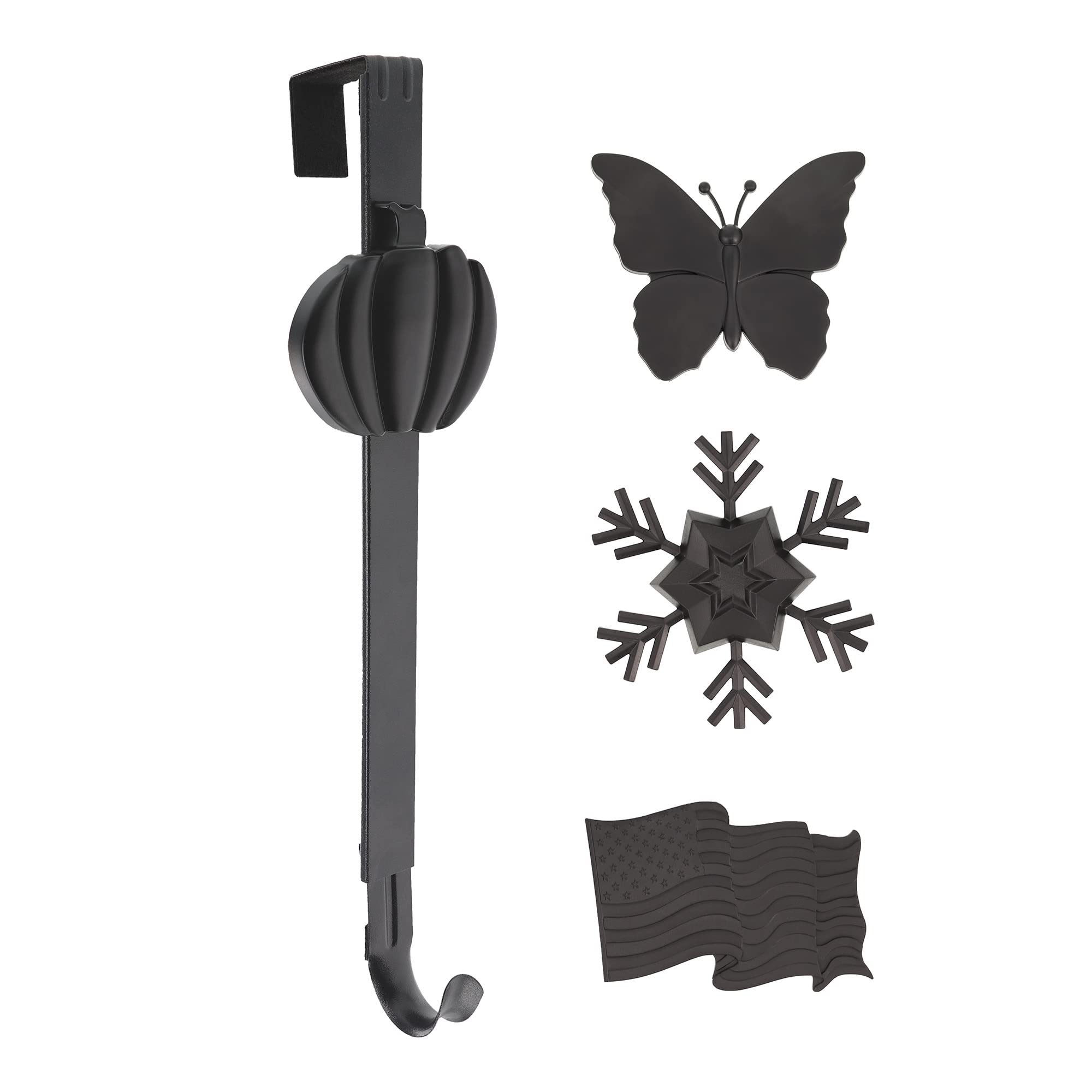 Haute Decor Adjustable Length Wreath Hanger with Interchangeable Icons (4 Wreath Hangers in 1) (Matte Black-Flag/Snowflake/Butte