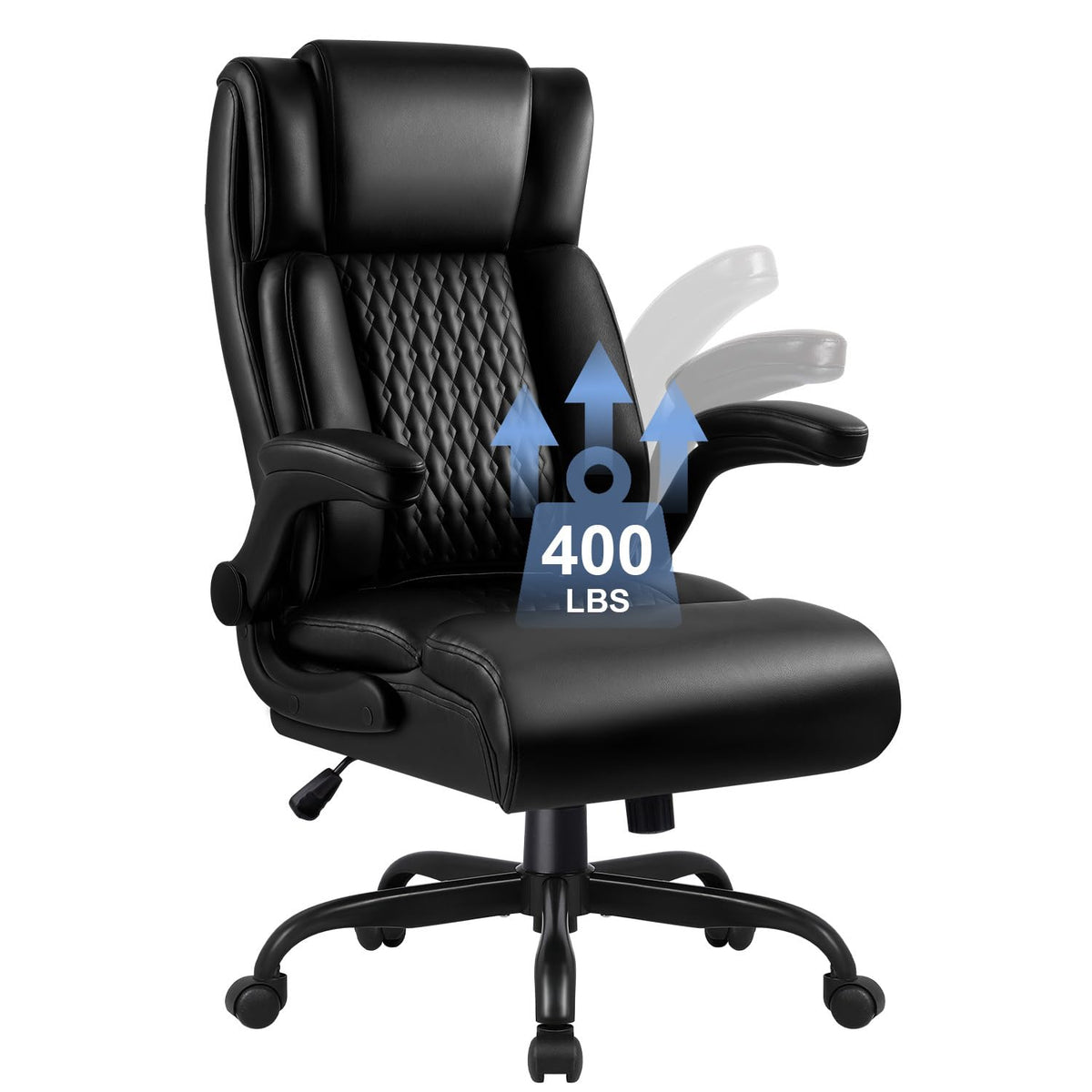 Big And Tall Office Chair, Ergonomic Leather Office Computer Desk Chair, Black Heavy Duty Office Chair With Flip-Up Armrest, Com