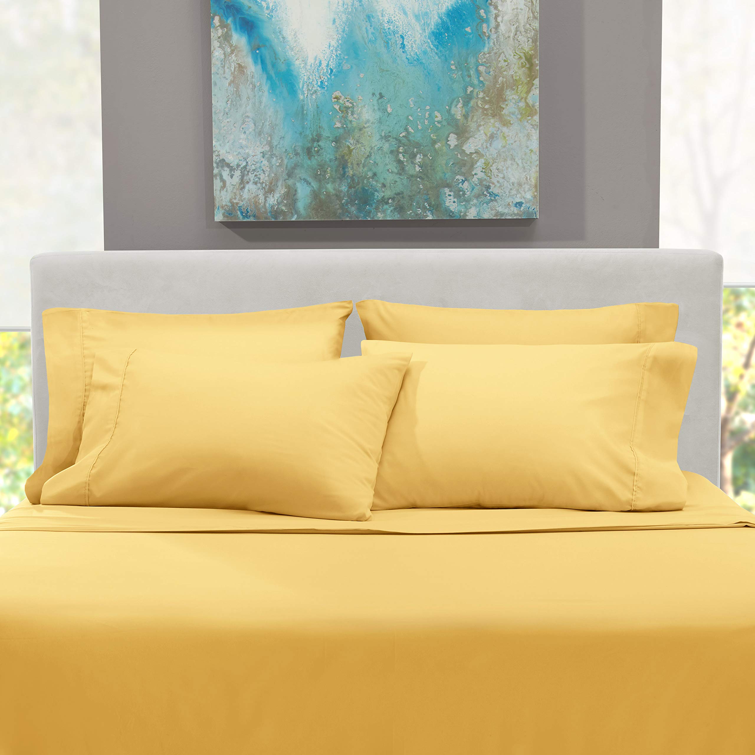 Hearth & Harbor 6 Piece Bed Sheet Set Extra Deep Pocket, Fits Mattress From 18-24 Inces Depth, Split King, Mellow Yellow