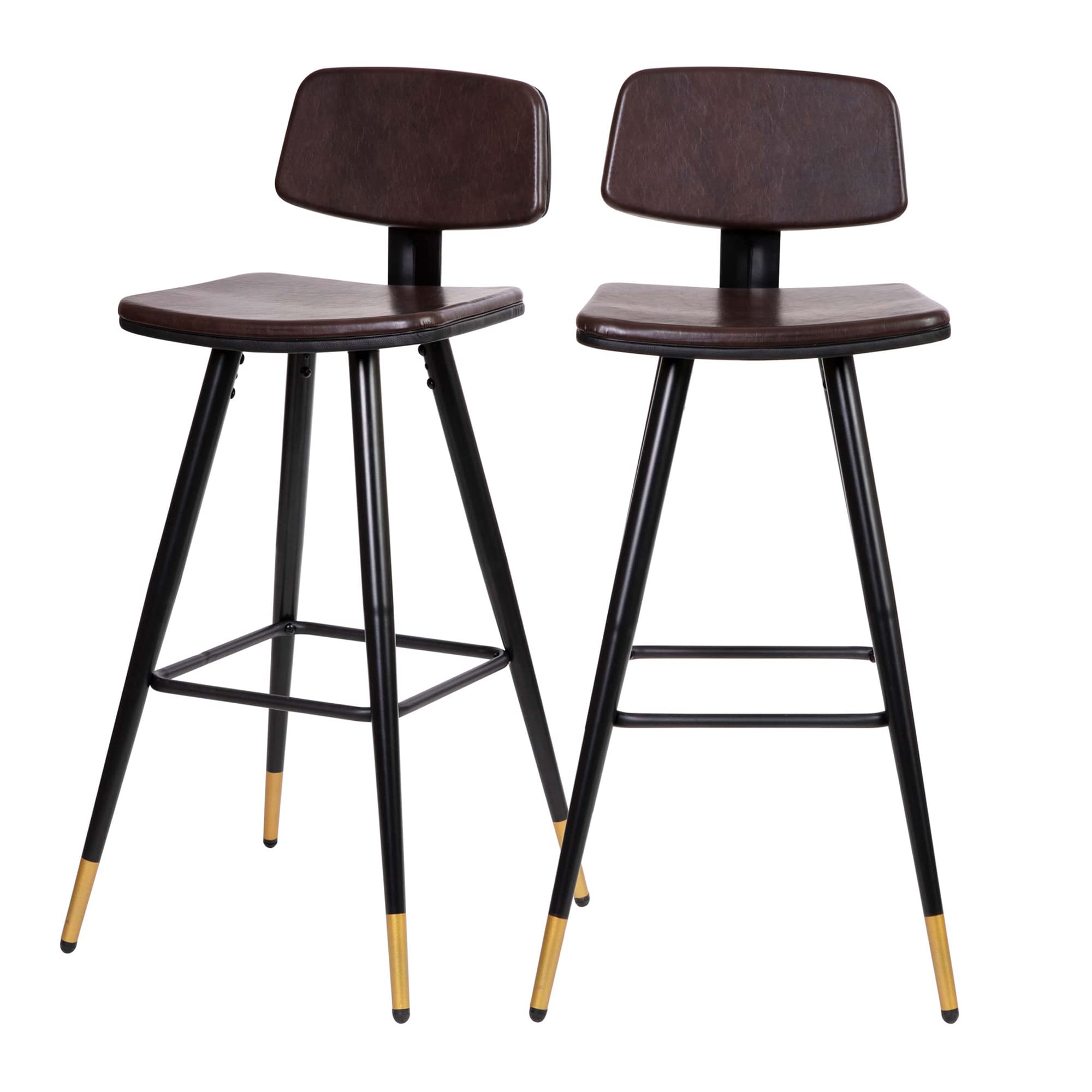 Flash Furniture Kora Commercial Grade Low Back Barstools-Brown LeatherSoft Upholstery-Black Iron Frame-Integrated Footrest-Gold Tipped Legs-Set of 2