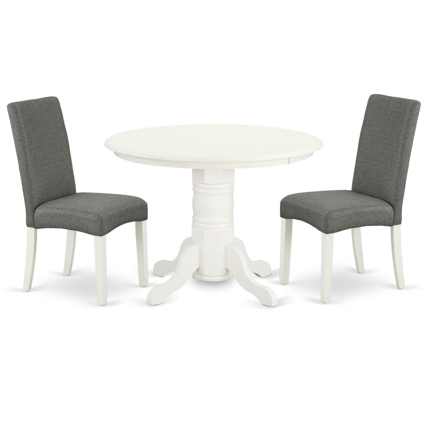 East West Furniture Shdr3-Lwh-07 3 Piece Dining Table Set For Small Spaces Contains A Round Kitchen Table With Pedestal And 2 Gray Linen Fabric Parson Dining Chairs, 42X42 Inch, Linen White