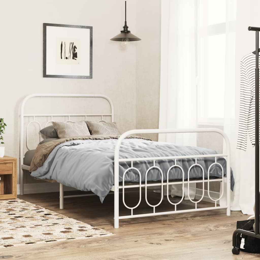 vidaXL Metal Bed Frame with Headboard & Footboard - White, Steel, Single, 39.4&quot;x78.7&quot; - Modern Design, Extra Storage Space, Bedroom Furniture