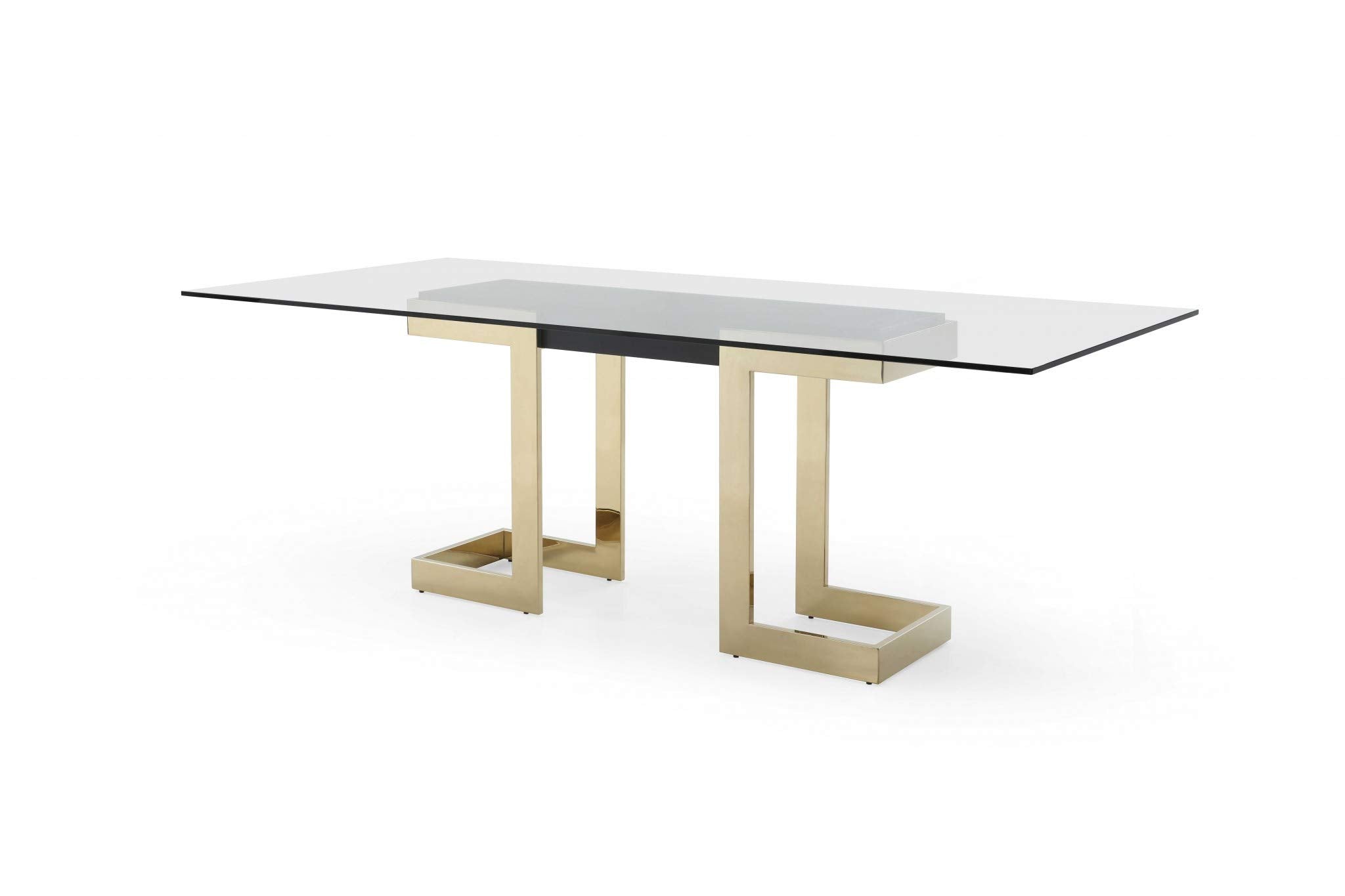 HomeRoots Clear and Gold 12mm Glass Steel; Stainless Steel 87&quot; X 39&quot; X 30&quot; Polished Gold Glass Stainless Steel Dining Table