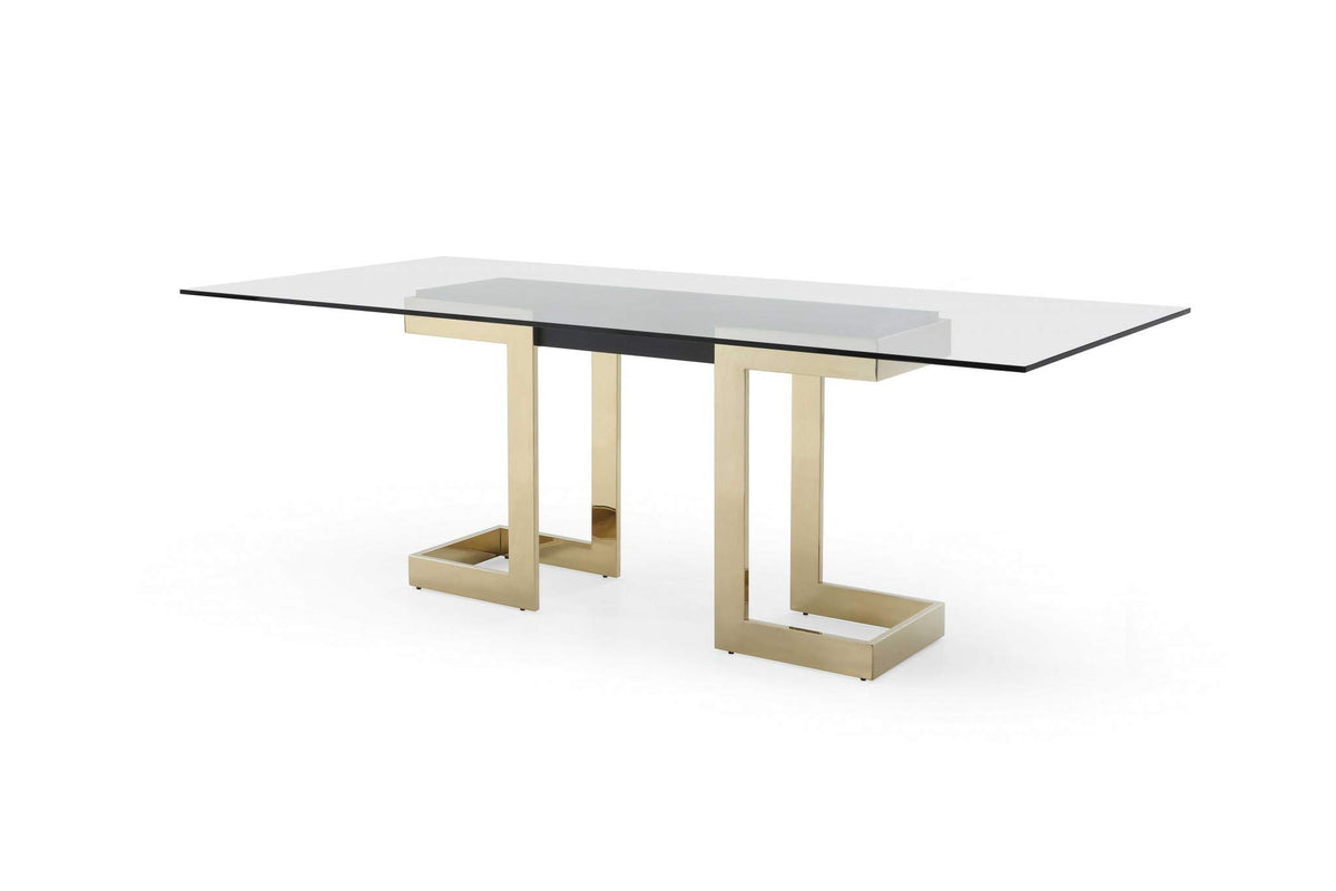 HomeRoots Clear and Gold 12mm Glass Steel; Stainless Steel 87&quot; X 39&quot; X 30&quot; Polished Gold Glass Stainless Steel Dining Table