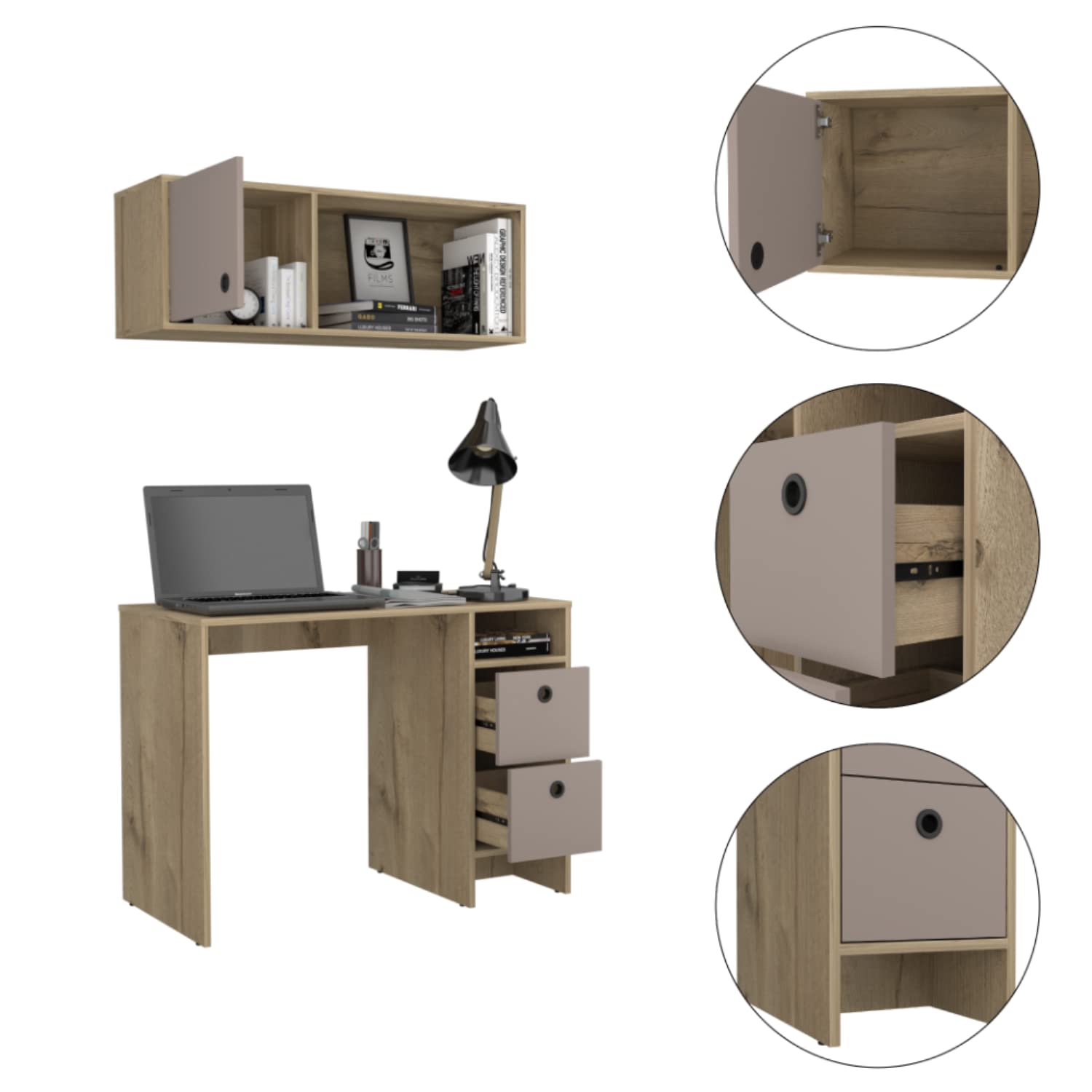 Aramis Office Set with 2 Shelves, 2 Drawers, Wall Cabinet, Single Door Cabinet, and Metal Hardware, Light Oak/ Taupe