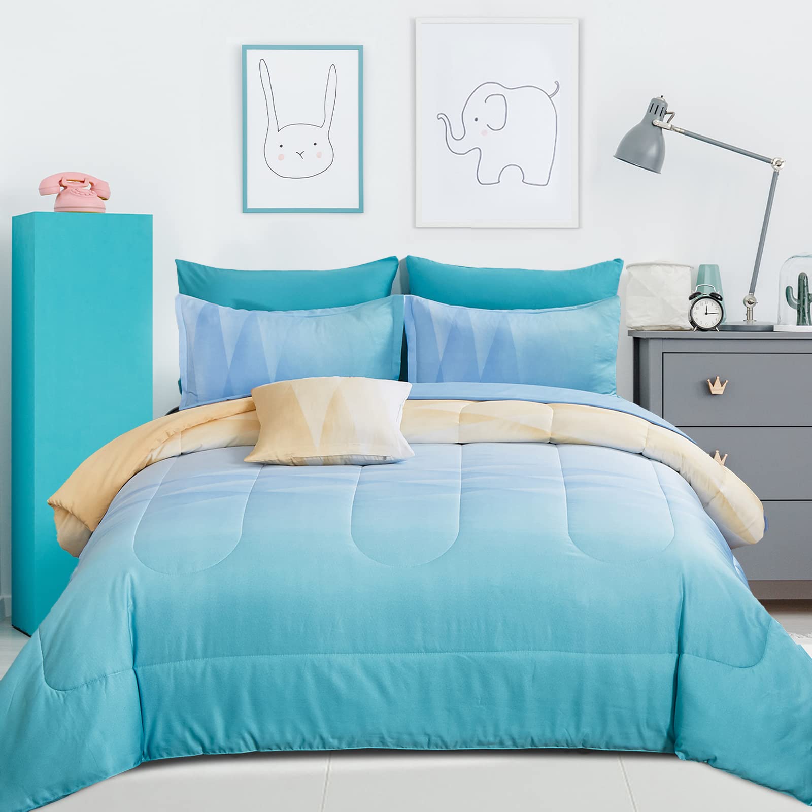 Girls Comforter Set Twin Size Colorful Ombre Blue Yellow Rainbow Bedding Set 6 Pieces Bed In A Bag For Kids Teen Girls (1 Comfor