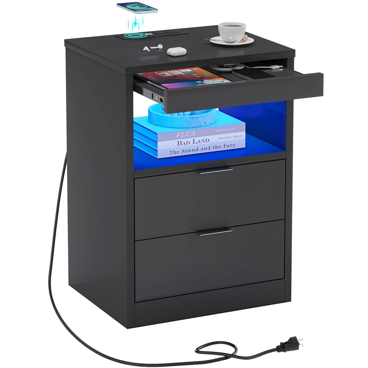 Adorneve Nightstand With Wireless Charging Station And Led Lights, Grey Night Stand With 2 Drawers And Open Storage For Bedroom, Bedside Table With Pull-Out Shelf, Modern End Side Table