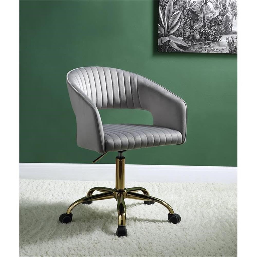 Acme Hopi Tufted Velvet Upholstered Swivel Office Chair in Gray and Gold