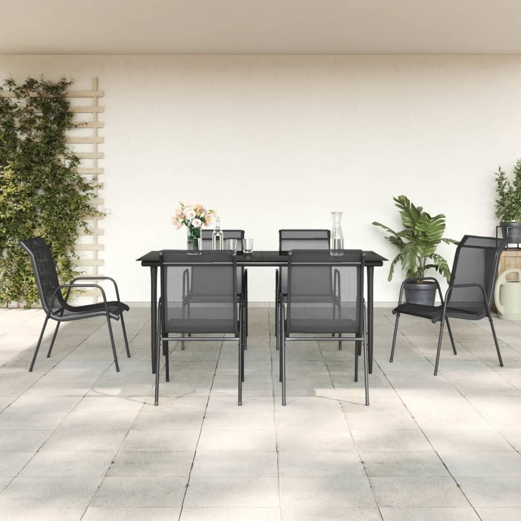 vidaXL 7-Piece Outdoor Dining Set - Black, Steel and Textilene - Weather-Resistant, Lightweight Garden and Patio Furniture Set