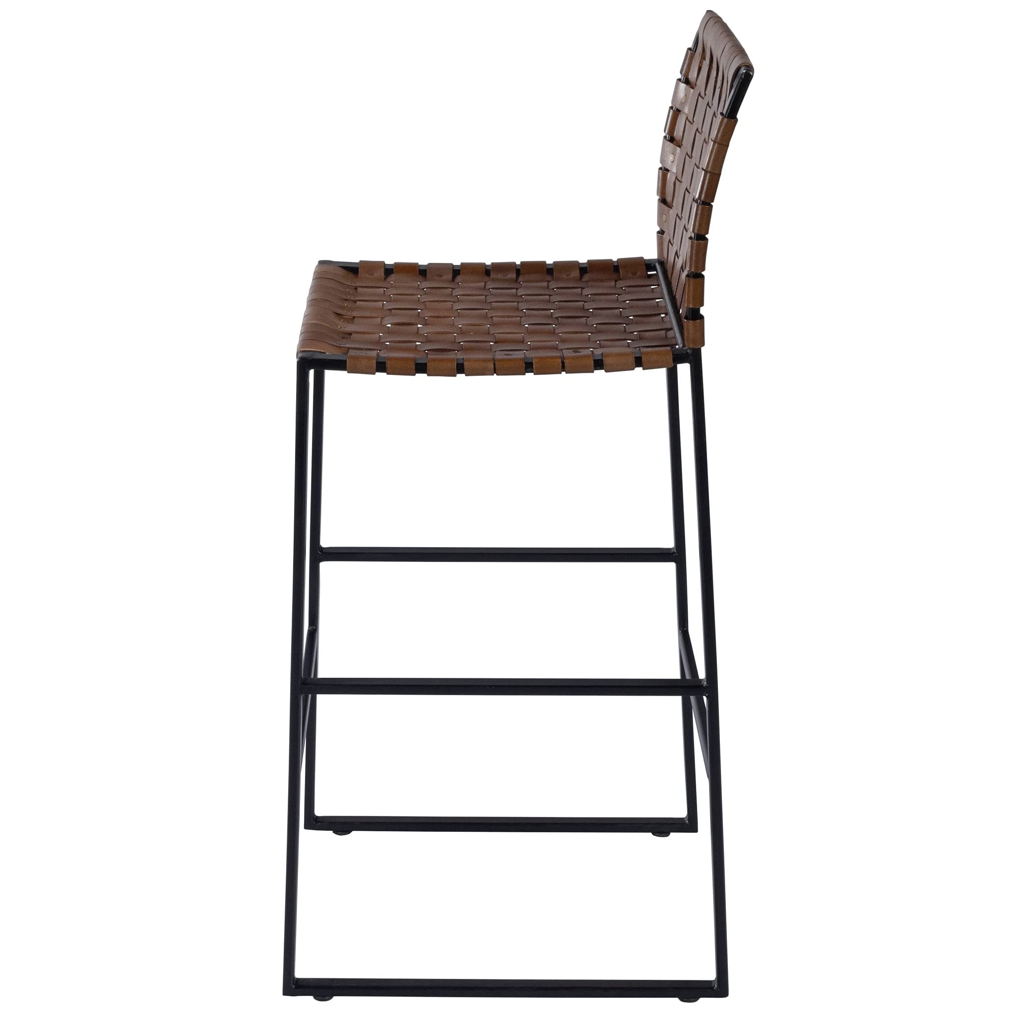 HomeRoots Medium Brown Iron; Real Leather, Steel Metal Nail Heads Brown Woven Leather Bar Stool