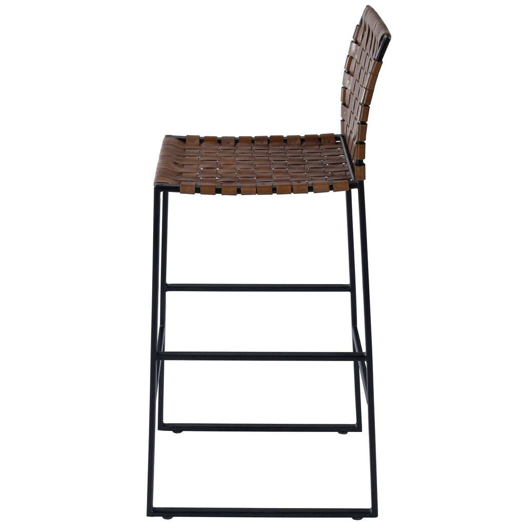 HomeRoots Medium Brown Iron; Real Leather, Steel Metal Nail Heads Brown Woven Leather Bar Stool