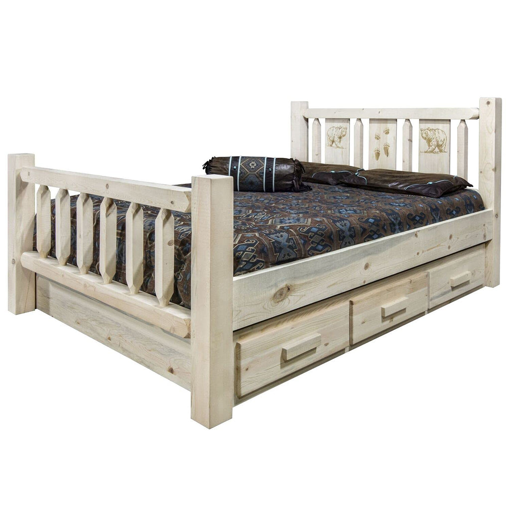 Montana Woodworks Wolf Design Storage Laser Engraved Bed in Clear Lacquer Finish (King: 94 in. L x 80 in. W x 47 in. H (329 lbs.))
