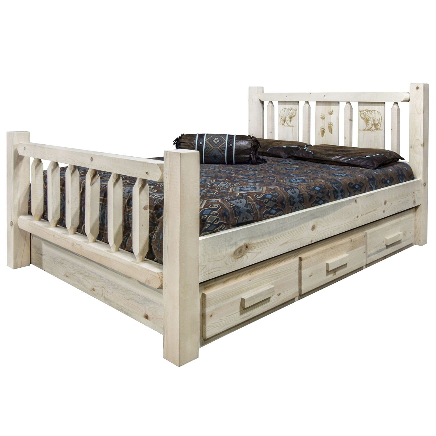 Montana Woodworks Homestead Collection King Storage Bed w/Laser Engraved Pine Design, Clear Lacquer Finish
