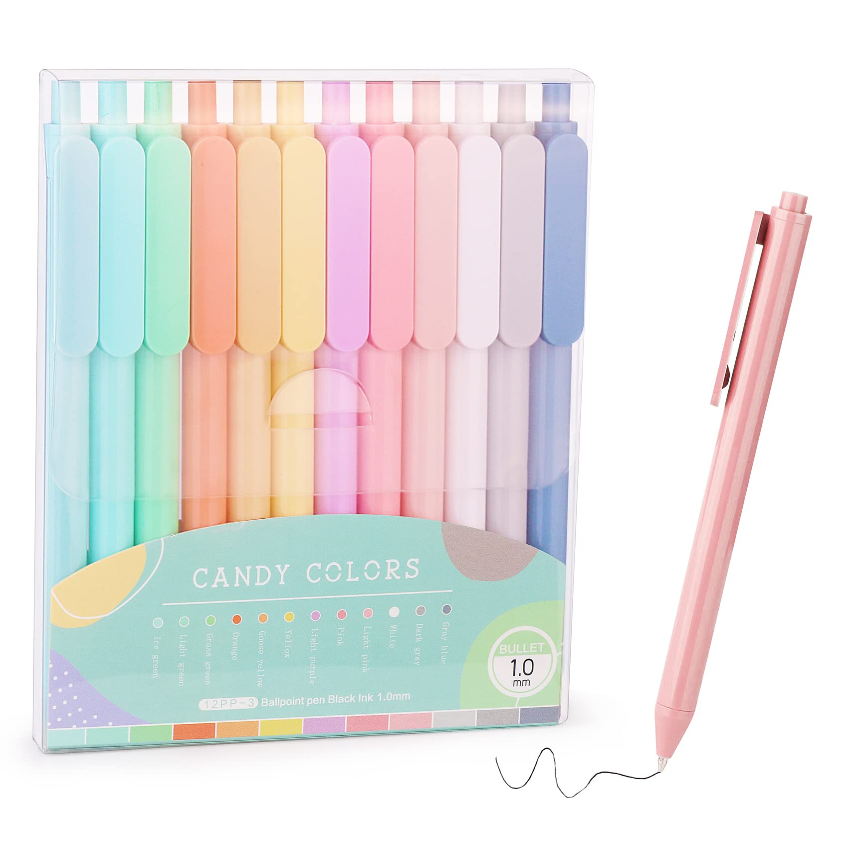 Wy Wenyuan 12-Pcs Ballpoint Pens, Comfortable Writing Pens, Pastel Retractable Pretty Journaling Pens, Black Ink Medium Point 1.