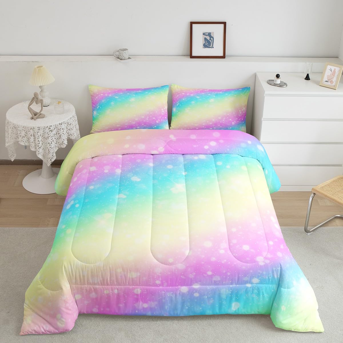 Feelyou Rainbow Comforter Set Queen, Tie Dye Pastel Bedding Set Stars Glitter Comforter for Kids Colorful Stripes Bedspread C Ro
