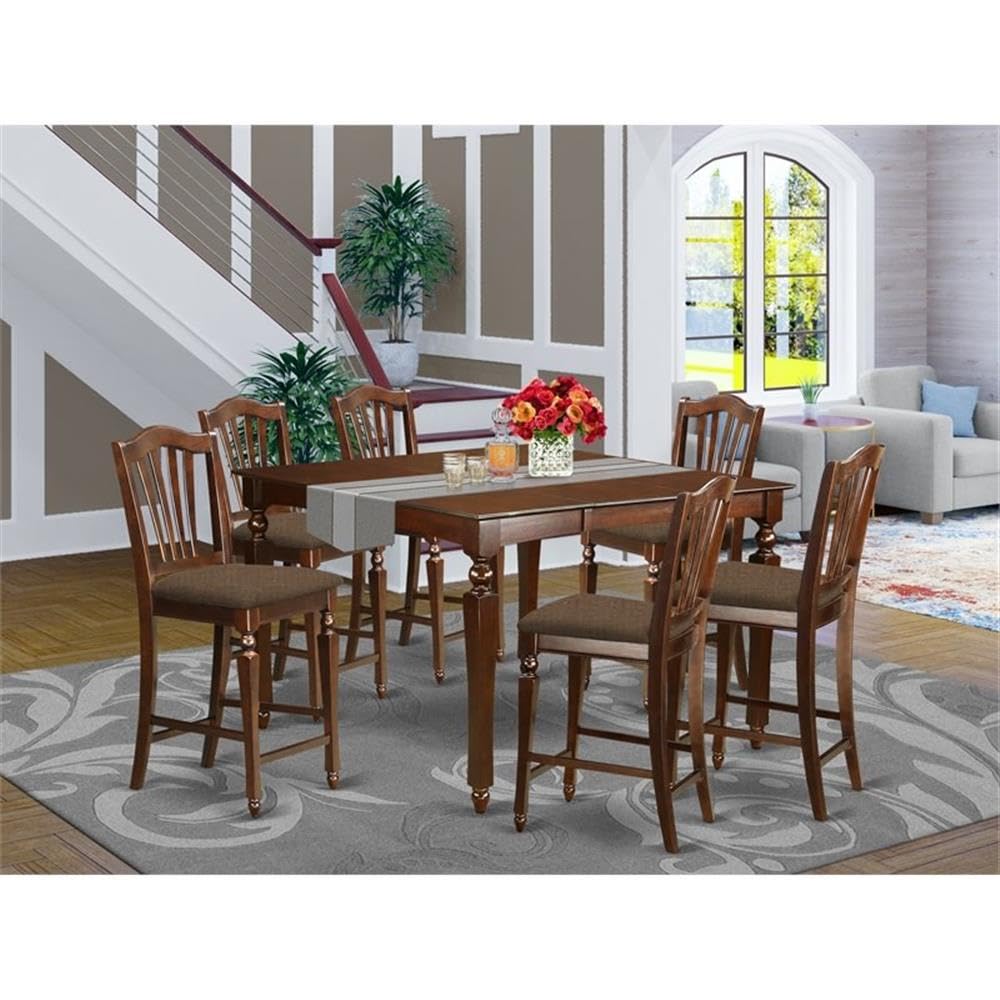 East West Furniture CHEL7-MAH-C 7 Piece Counter Height Dining Set Consist of a Square Dining Room Table with Butterfly Leaf and 6 Linen Fabric Upholstered Chairs, 54x54 Inch, Mahogany