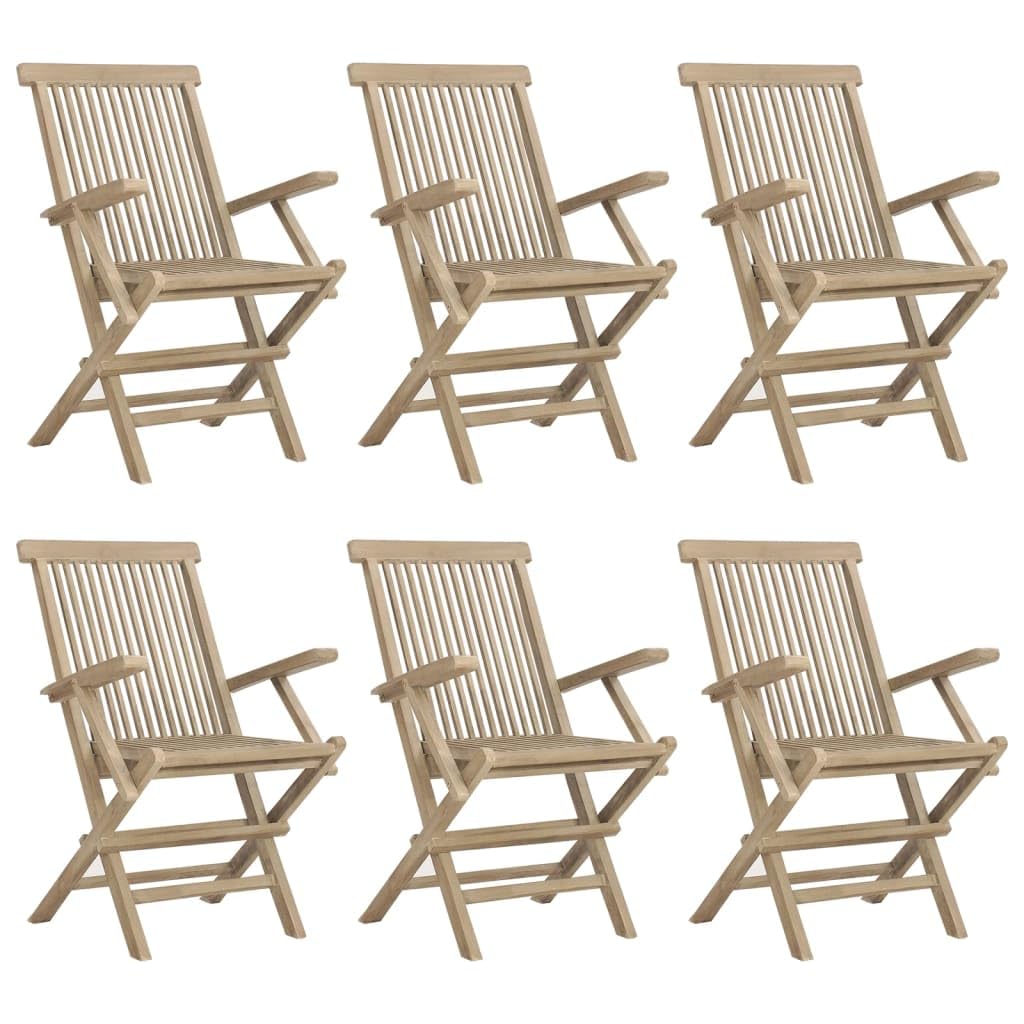 vidaXL 7-Piece Solid Teak Wood Outdoor Dining Set - Foldable Garden Table & Chairs, Gray Finish, Timeless Slatted Design, Parasol Hole, Scandinavian Style