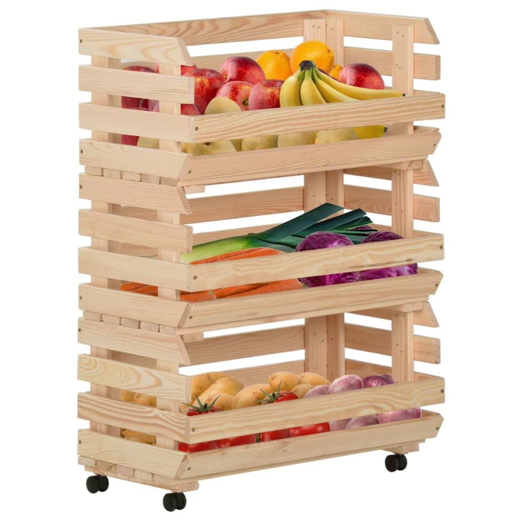 vidaXL Rustic Solid Pinewood Vegetable Trolley - 3 Compartments, Mobile Kitchen Cart with Rolling Casters, Brown, 22.4"x11.8"x31.5"