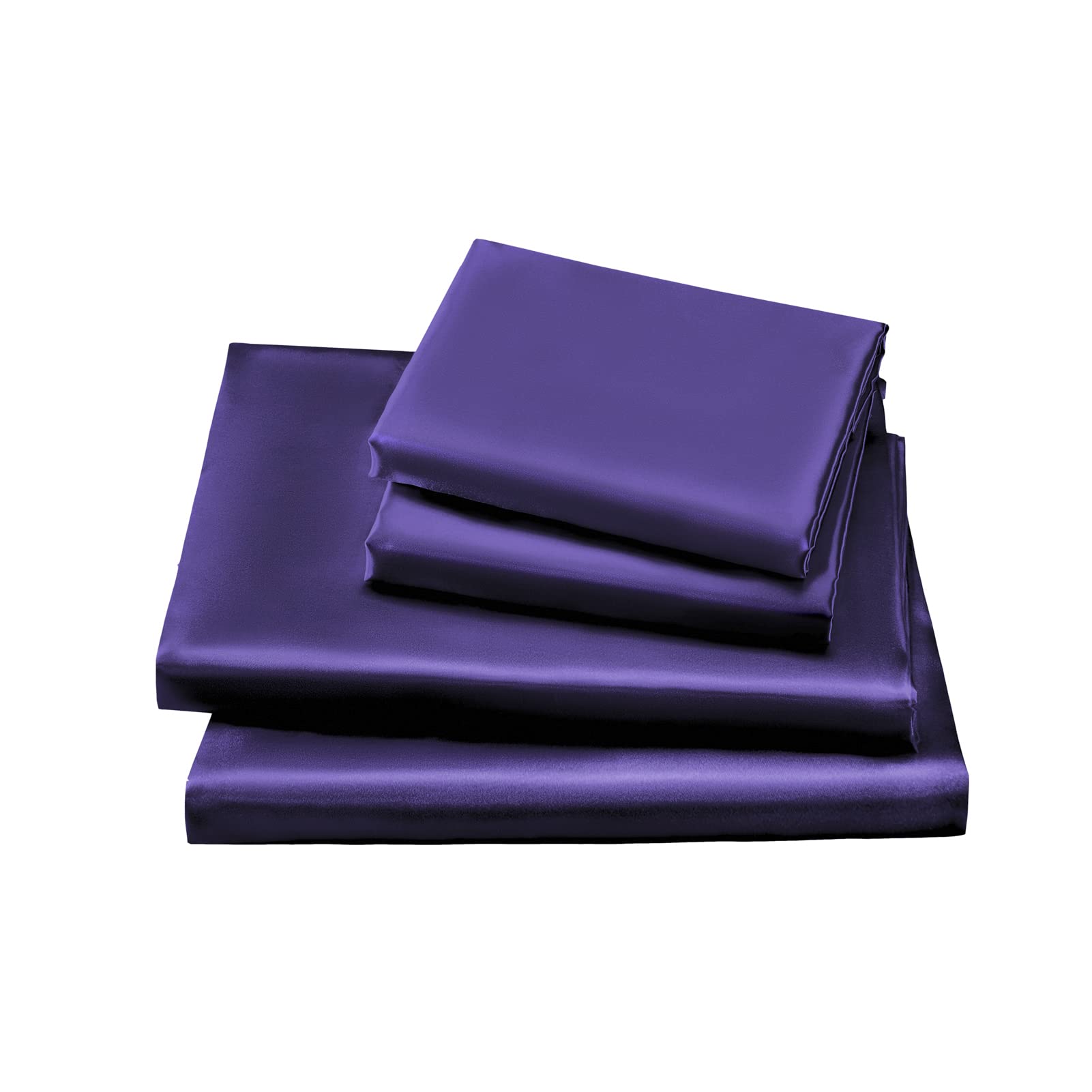 GOLAL Queen Satin Bed Sheets Set - 4 Pieces Luxury Soft Dark Purple, Wrinkle-Free with Fitted, Flat Sheet & Pillowcases
