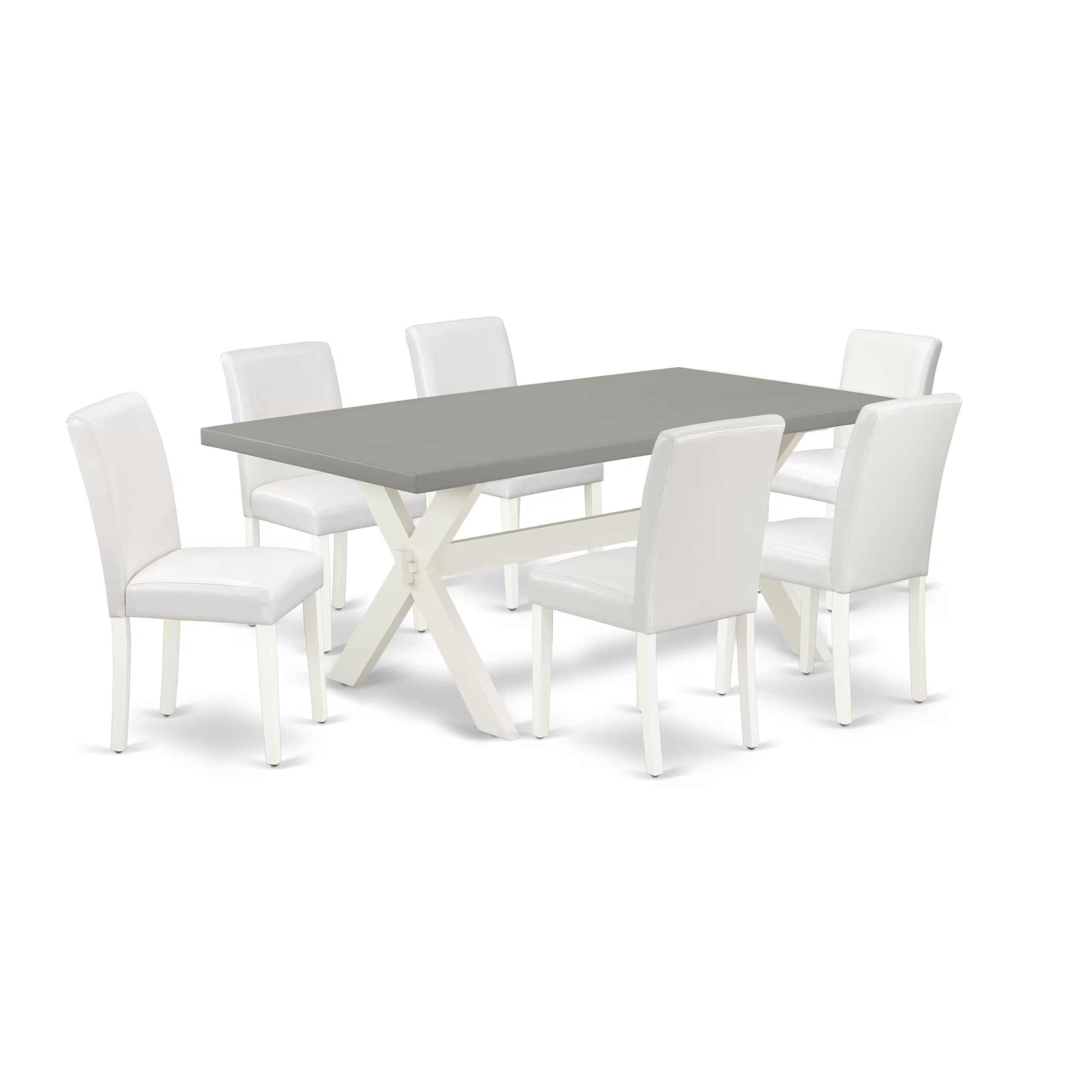 East West Furniture X097Ab264-7 7 Piece Dining Table Set Consist Of A Rectangle Dining Room Table With X-Legs And 6 White Faux Leather Upholstered Chairs, 40X72 Inch, Multi-Color