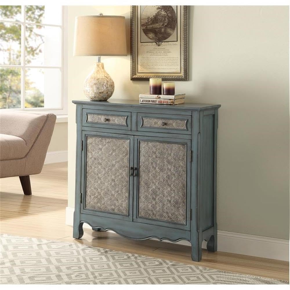 Acme Winchell 2 Drawers Wooden Console Table With 2 Doors In Antique Blue