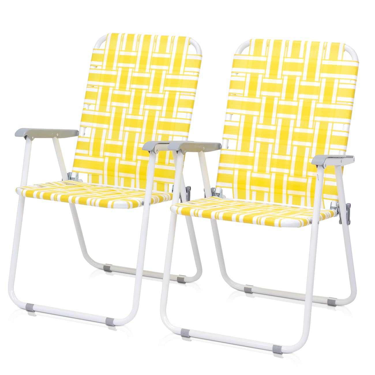 Kcelarec Set of 2 Patio Folding Lawn Chair, Outdoor Beach Camping Webbed Folding Chair for Yard, Garden (Yellow)