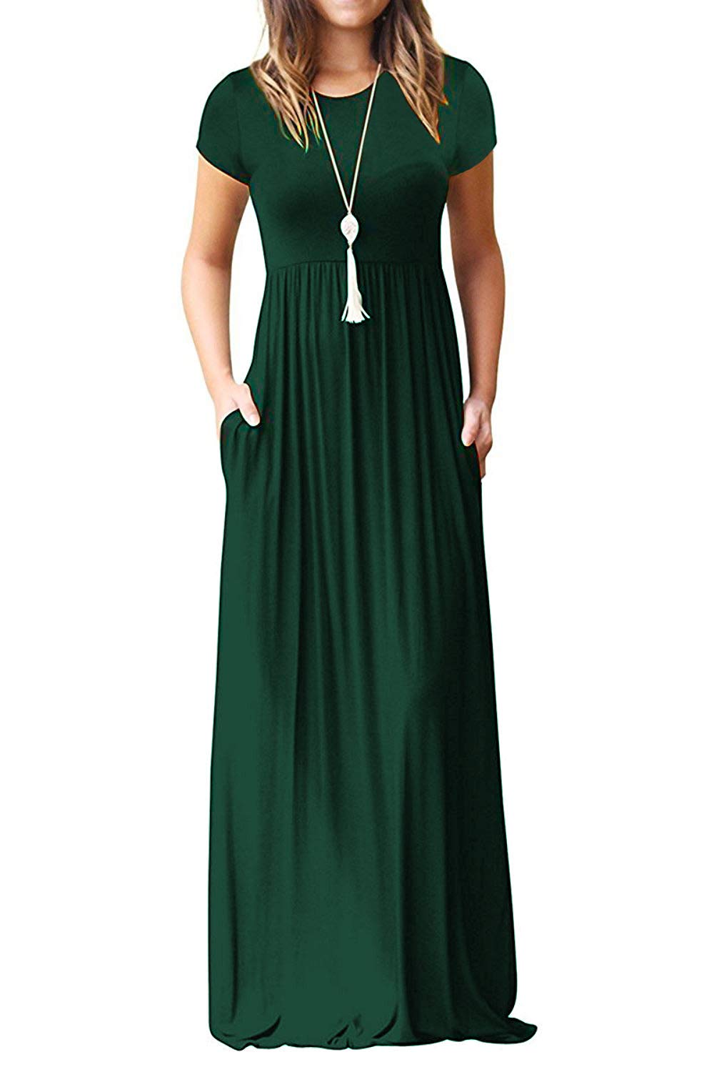 Euovmy Womens Round Neck Short Sleeve Maxi Dresses Casual Long Dresses With Pockets Dark Green Small