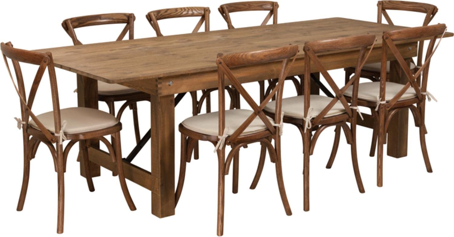 Flash Furniture HERCULES Series 8' x 40'' Antique Rustic Folding Farm Table Set with 8 Cross Back Chairs and Cushions