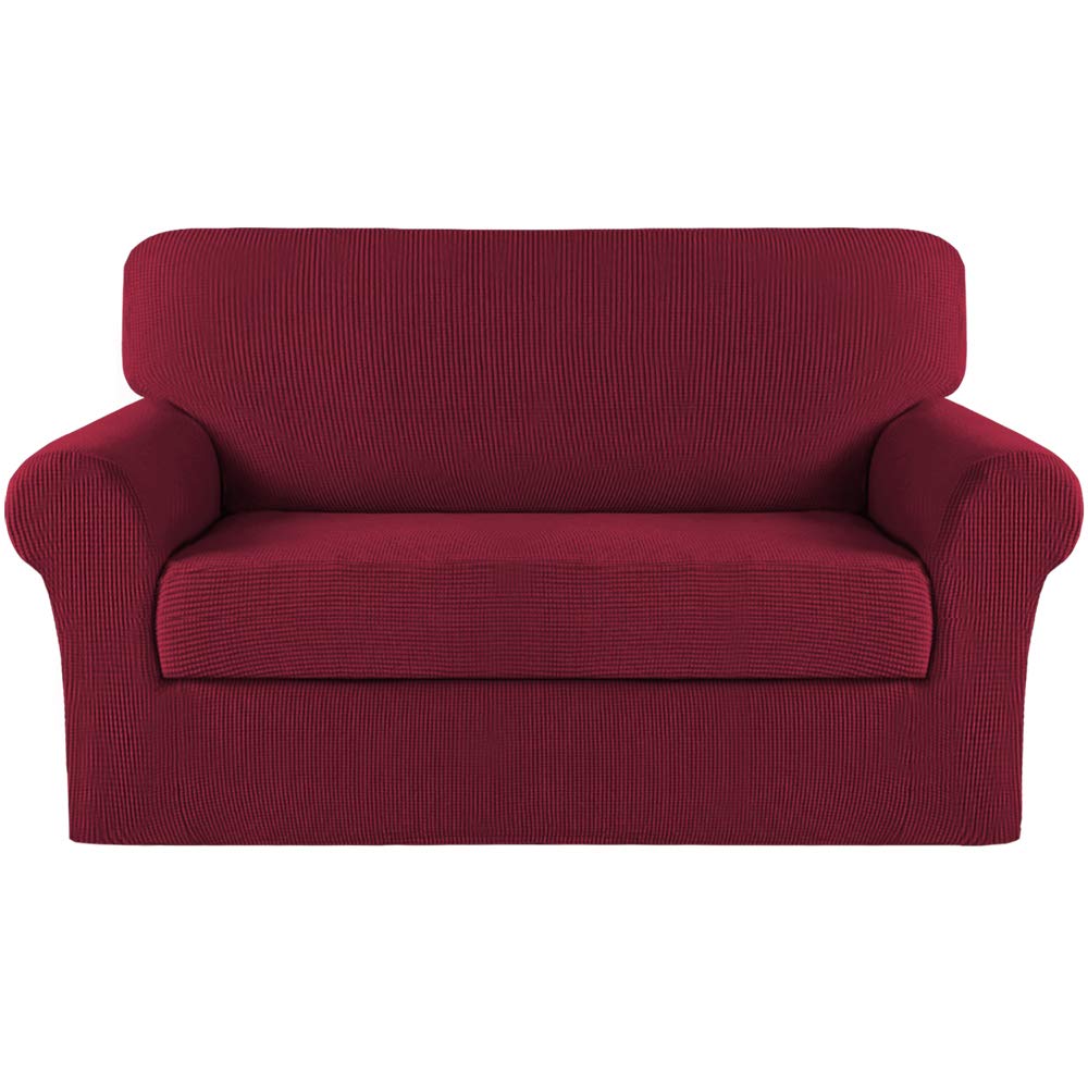 Turquoize Stretch Sofa Slipcover 2 Pieces Sofa Cover Couch Cover For 2 Cushion Couch Washable Furniture Protector Covers With Elastic Bottom Feature Thick Jacquard Fabric (Loveseat, Burgundy)