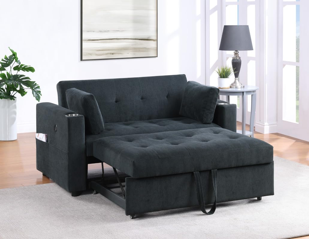 Lilola Home Luelle 57" W Black Corduroy Convertible Sleeper Loveseat with Cupholders, USB Ports, Magazine Pockets, Pillows, Tufting