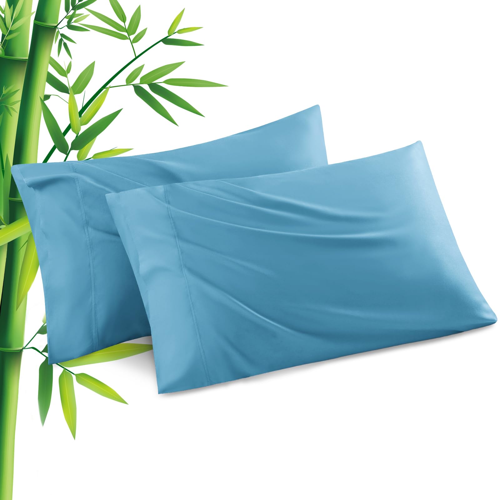 Blue Pillowcases Standard Size 2 Pack, Bamboo Rayon Cooling Pillow Cases With Envelope Closure, Cool & Breathable Pillow Cover F
