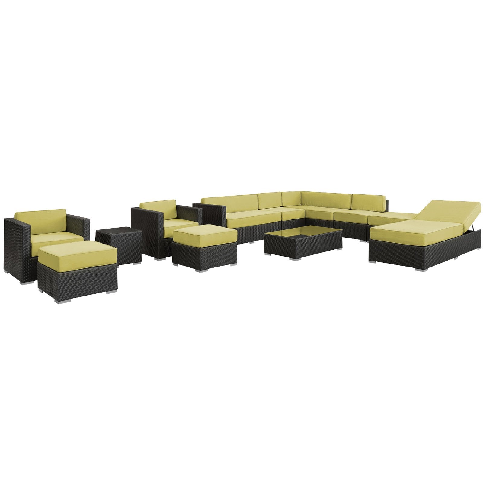 Modway Fusion 12-Piece Outdoor Rattan, Espresso With Peridot Cushions