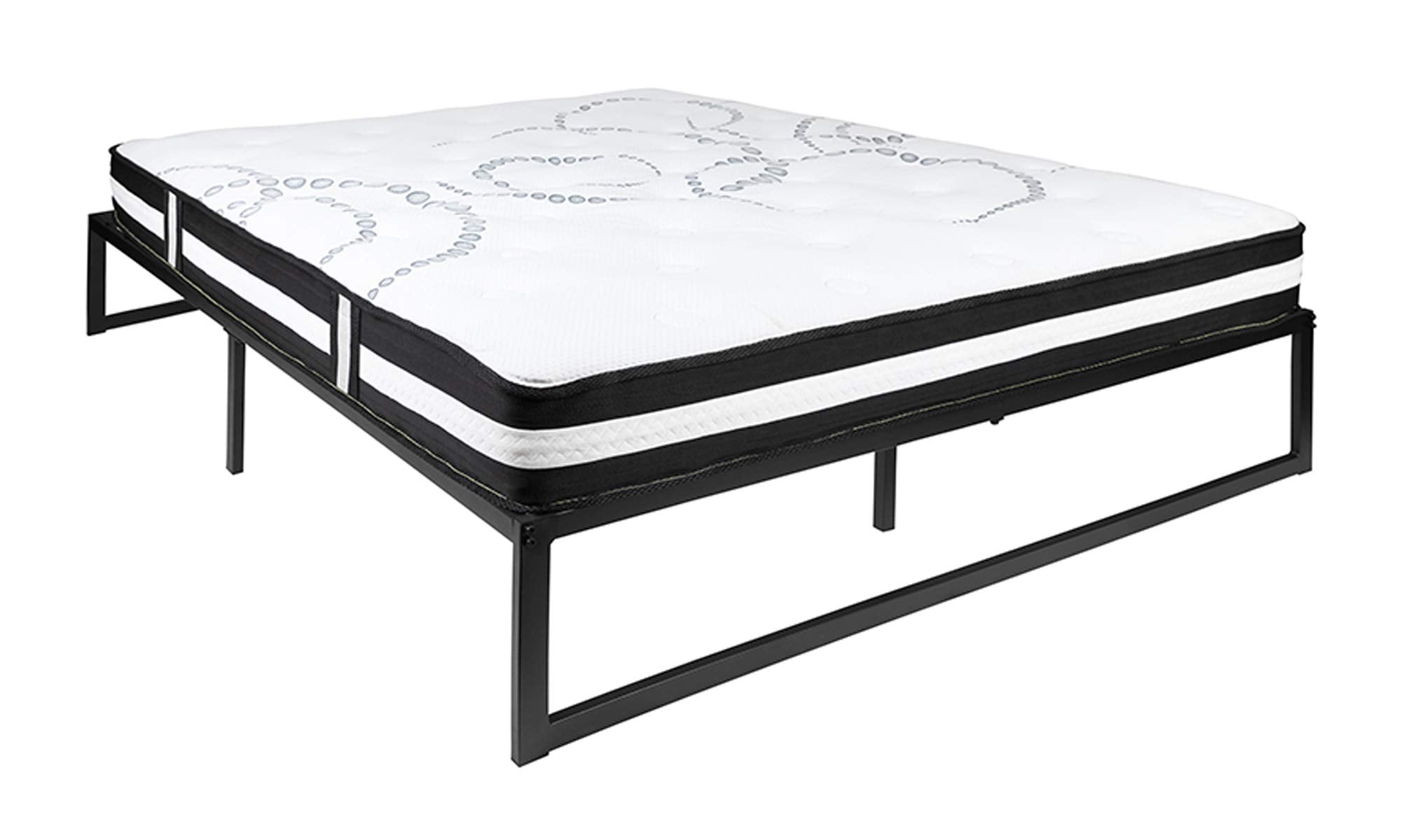 Flash Furniture Louis 14 Inch Metal Platform Bed Frame with 12 Inch Pocket Spring Mattress in a Box (No Box Spring Required) - Queen