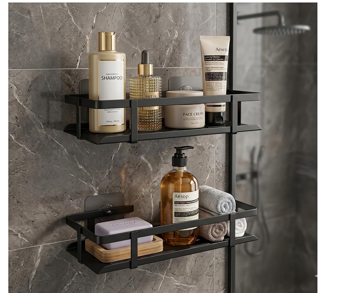 MOXLY Bathroom Organiser Without Drill | Self Adhesive Wall Mount Shelf Rack for Wash Basin & Kitchen Storage | Rust Resistant M