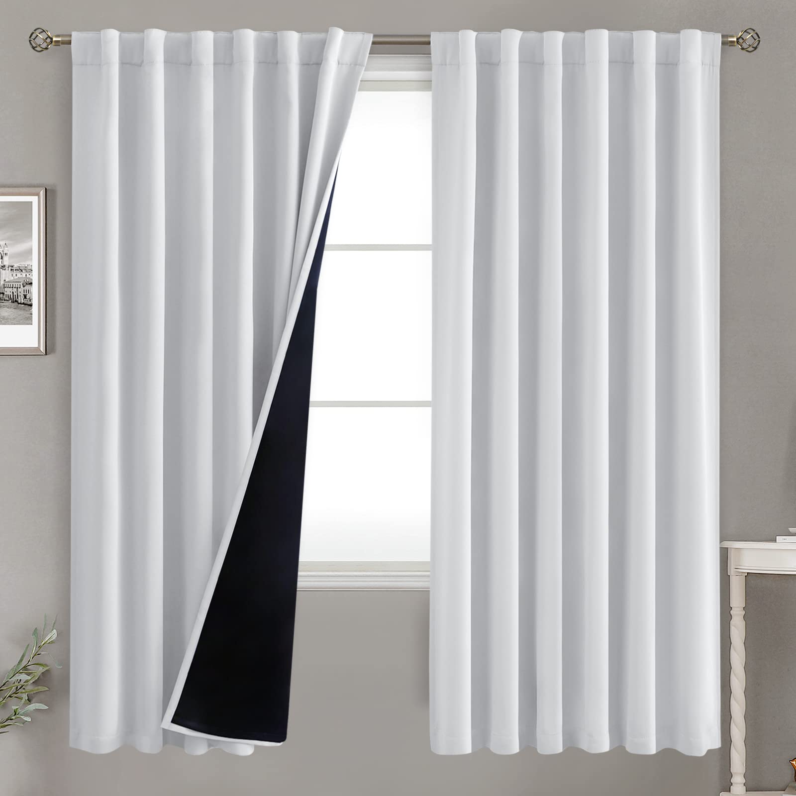 Bgment Greyish White 100% Blackout Curtains 72 Inches Long With Black Liner, Rod Pocket And Back Tab Double Layer Room Darkening