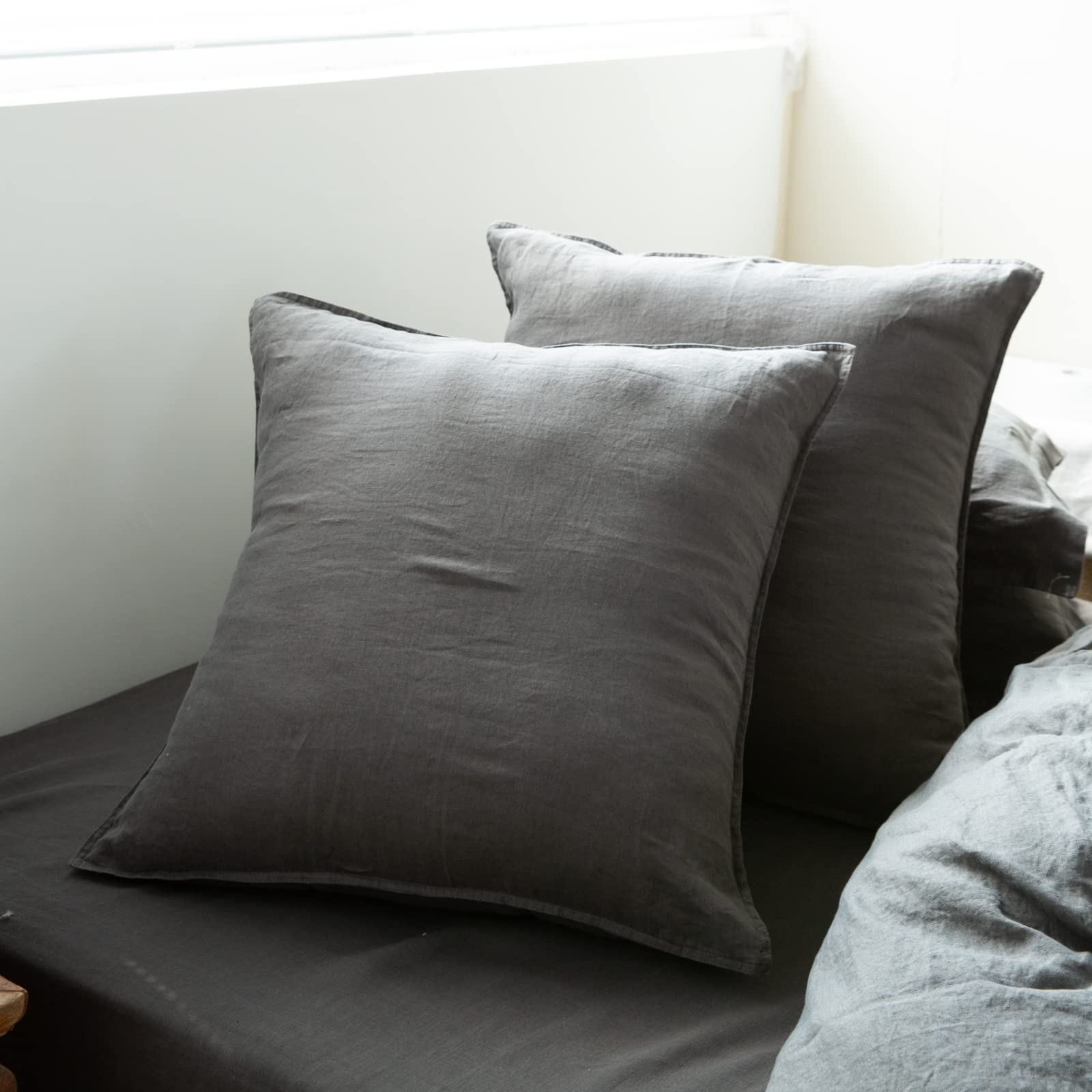 Simple&Opulence 100% Washed Linen Euro Shams Basic Style (26'' X 26'') - Pack Of 2 - Solid Color Pillow Shams Natural Flax Square Throw Pillow Covers - Dark Grey