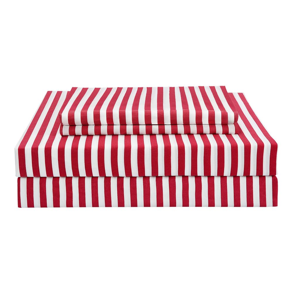 Best Season Ticking Stripe Sheet Set,3 Piece Twin Size Microfiber Bedding,Burgundy Red And White Pinstripe Patterned,Deep Pocket