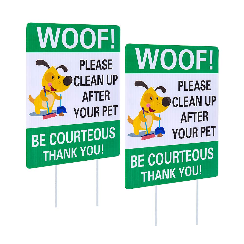 Waahome Pack Of 2 Double Sided Woof Please Clean Up After Your Pet Yard Signs With Stakes, 8'X12' Funny No Poop Pee Dog Yard S