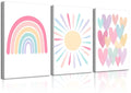 RCJARTI 3Pcs Pink Nursery Canvas Wall Art Rainbow Poster Kids Bedroom Baby Girls Toddler Pastel Wall Decor Prints Sun Boho Pink 