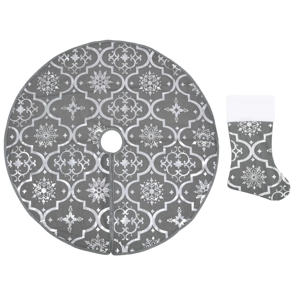 vidaXL Luxurious Christmas Tree Skirt with Matching Sock – Gray – Fabric (100% Polyester) – 5ft Diameter- Festive Snow Pattern – Reusable Christmas Decor