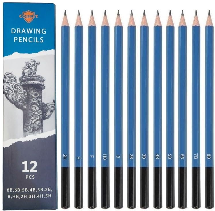 Corslet 12 Pcs Charcoal Pencils For Drawing, Graphite Sketching Pencils Kit, 8B 7B 6B 5B 4B 3B 2B B Hb F H 2H, Artist Pencils Fo