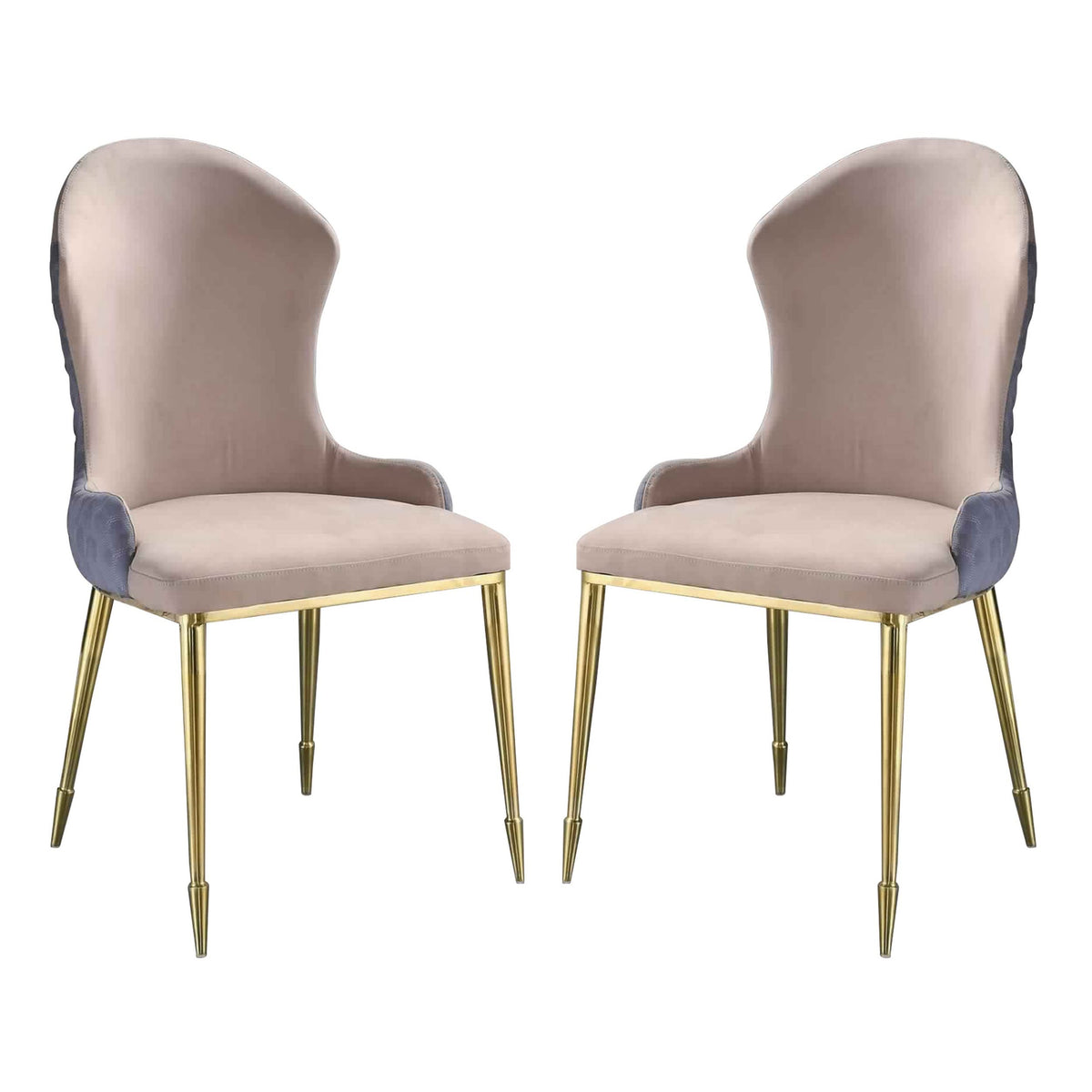 Benjara Fabric Upholstered Side Chair With Spindle Legs, Set Of 2, Beige And Gold