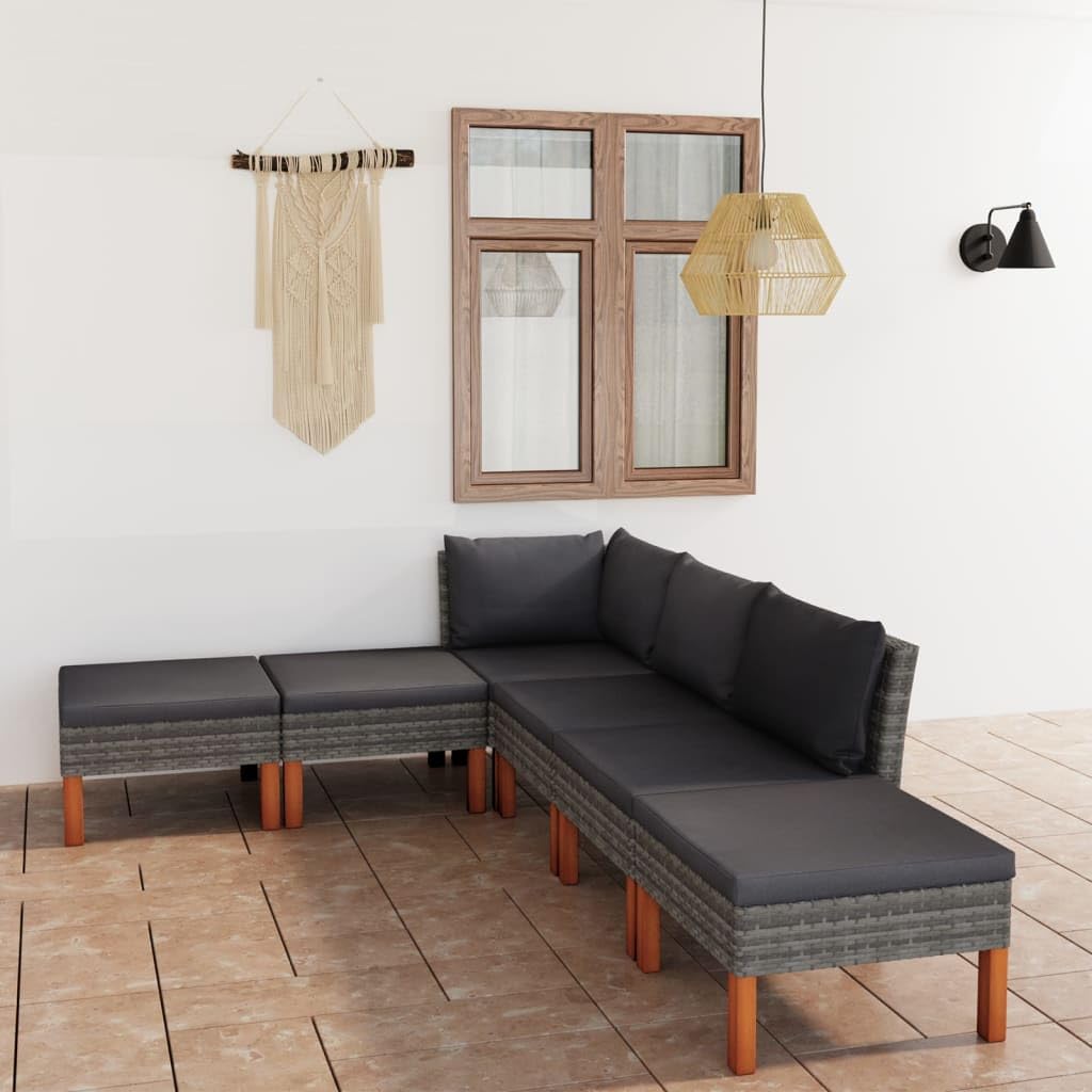 vidaXL 6 Piece Patio Lounge Set with Cushions - Weather-Resistant Poly Rattan & Sturdy Eucalyptus Wood - Gray & Anthracite - Modern Farmhouse Style - Easy-to-Clean & Portable