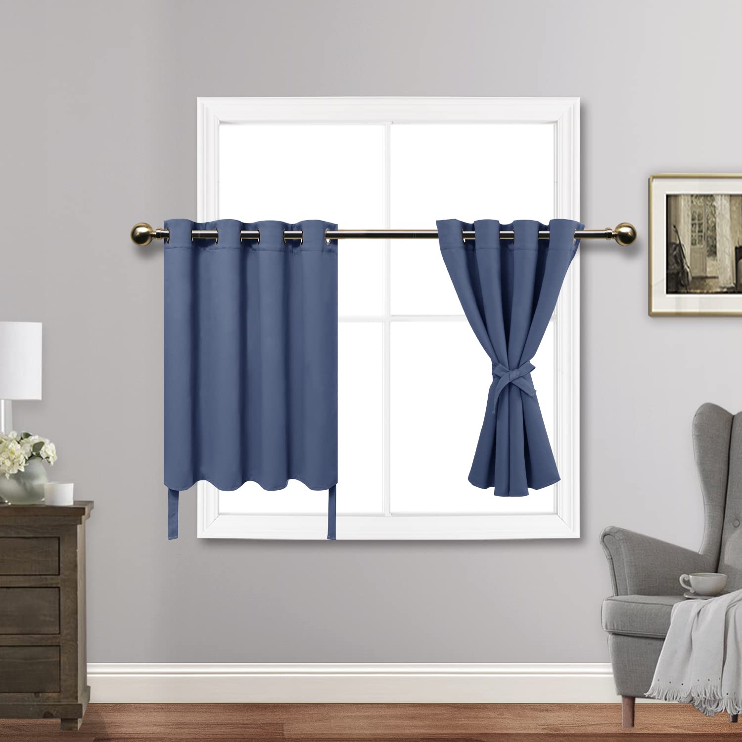 Jiuzhen Short Curtains Kitchen Half Window Blackout Curtains With Tiebacks For Baseroom Shadows, Grommet Curtains For Living Room, Set Of 2 Window Curtain Panels, 52 X 30 Inch Length,Dusty Blue