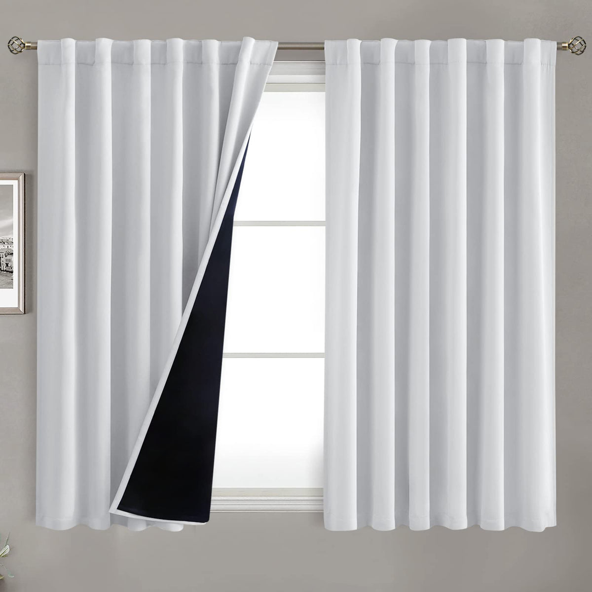 Bgment Greyish White 100% Blackout Curtains 45 Inches Long With Black Liner, Rod Pocket And Back Tab Double Layer Room Darkening