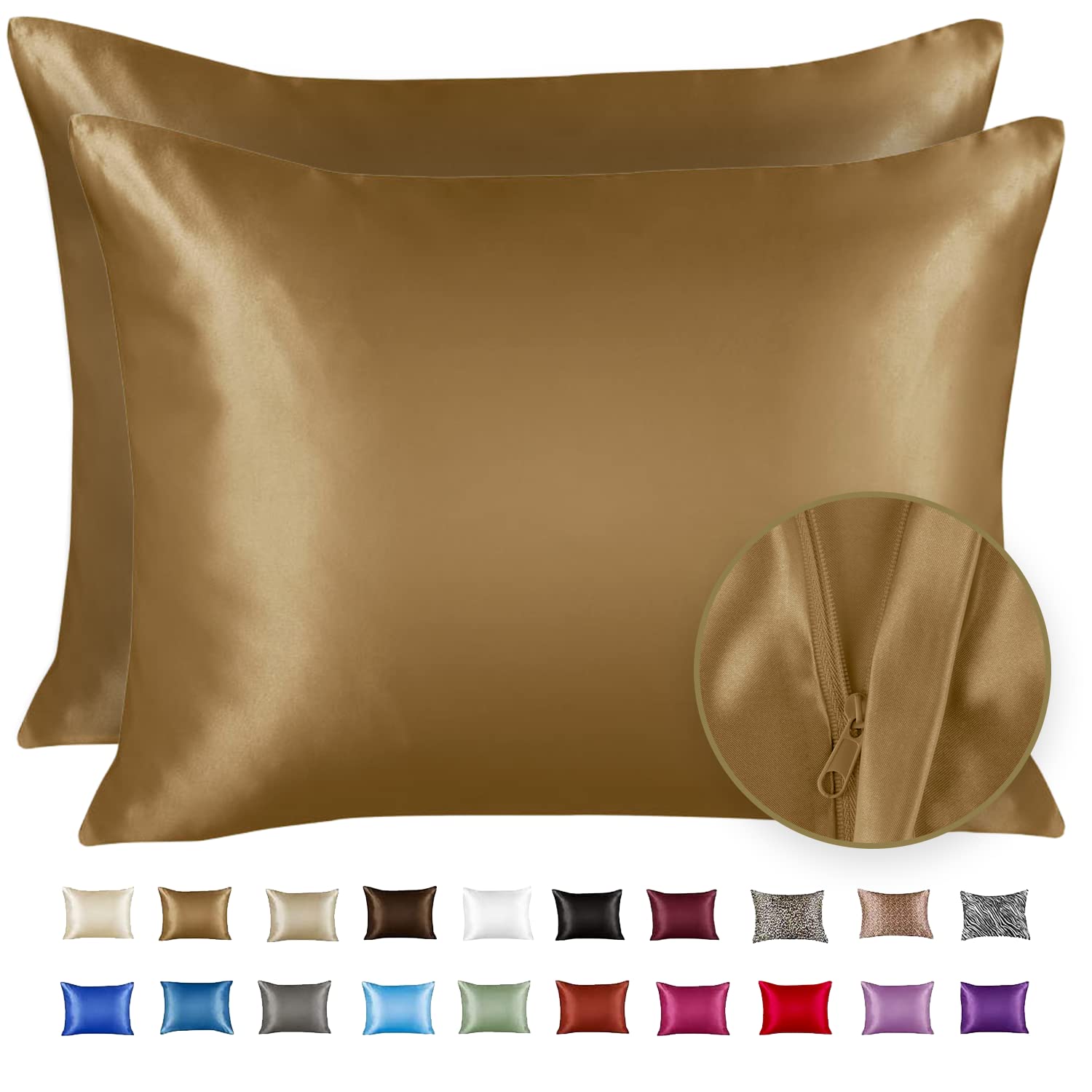 Shopbedding Luxury Satin Pillowcase For Hair - King Satin Pillowcase With Zipper, Gold (Pillowcase Set Of 2) - Blissford